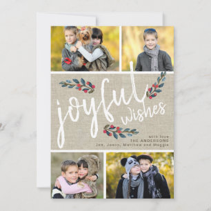 Joyful Wish Beige Linen Christmas 4 Photo Collage Holiday Card