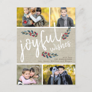 Joyful Wish Beige Linen Christmas 4 Photo Collage Holiday Postcard