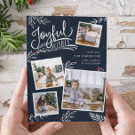 Joyful Wish | Christmas Photo Collage Card<br><div class="desc">Beautiful typography based holiday photo card features four of your favourite square family photos in a collage layout. "Joyful Wishes" appears at the top in white hand lettered typography on a rich navy blue background accented with white sketched leaves and red holly berries. Customise with your personal greeting, family names...</div>