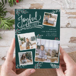 Joyful Wish | Christmas Photo Collage Card<br><div class="desc">Beautiful typography based holiday photo card features four of your favourite square family photos in a collage layout. "Joyful Wishes" appears at the top in white hand lettered typography on a dark spruce green background accented with white sketched leaves and red holly berries. Customise with your personal greeting, family names...</div>