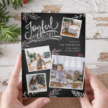 Joyful Wish | Christmas Photo Collage Card<br><div class="desc">Beautiful typography based holiday photo card features four of your favourite square family photos in a collage layout. "Joyful Wishes" appears at the top in white hand lettered typography on a charcoal grey chalkboard background accented with white sketched leaves and red holly berries. Customise with your personal greeting, family names...</div>