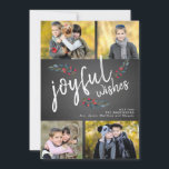 Joyful Wishes Chalkboard Christmas 4 Photo Collage Holiday Card<br><div class="desc">Joyful Wishes White Script and Sketched Watercolor Berries on Black Chalkboard 4 Photo Holiday Card . Design by Elke Clarke © Customise the photo collage with your family photos and name</div>