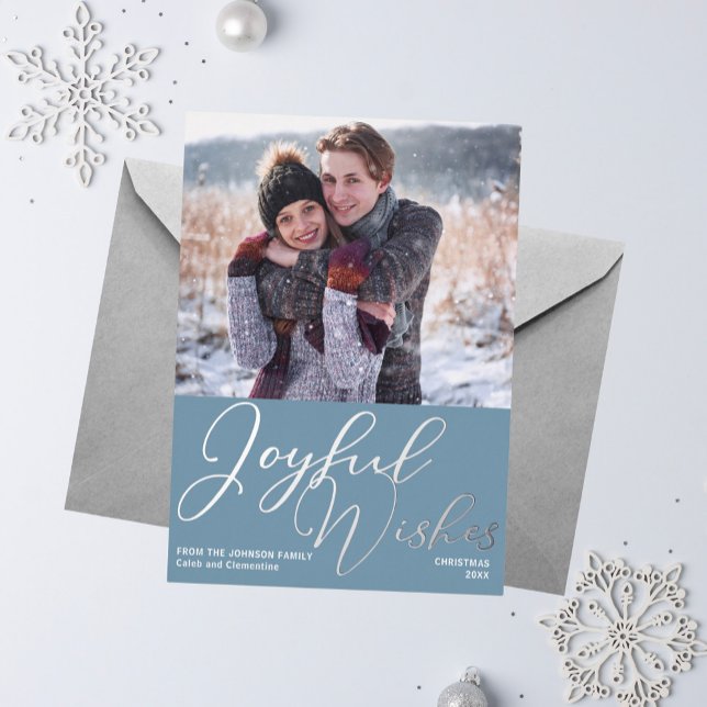 Joyful Wishes Christmas Photo Slate Blue Silver (Creator Uploaded)