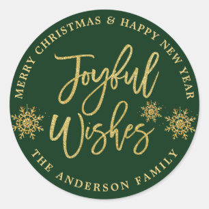 Joyful Wishes Green & Faux Gold Holiday Classic Round Sticker