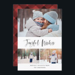 Joyful Wishes Modern Brush Script Photo Christmas Holiday Card<br><div class="desc">This elegant and stylish holiday photo card is sure to spread cheer this year! Featuring a joyful sentiment in brush script with an inky texture that says "Joyful Wishes" Personalise the text on the bottom and the photos with your own. Comes with a classic painted green and black pattern on...</div>
