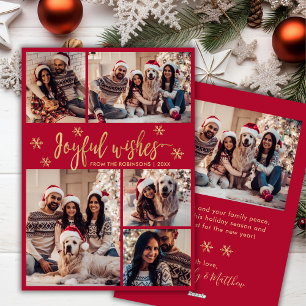Joyful Wishes Red Gold Photo Collage Christmas Holiday Card