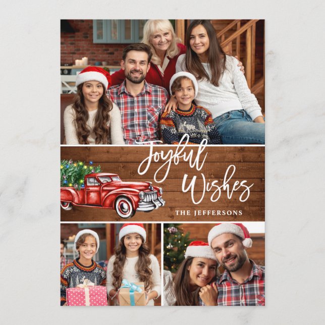 Joyful Wishes Retro Christmas Red Truck 3 PHOTO Holiday Card (Front)