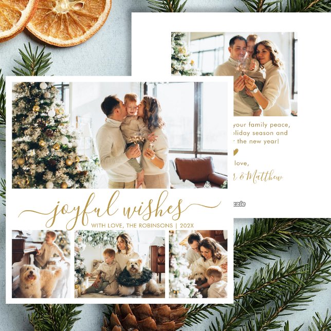 Joyful Wishes Script 4 Photo Collage Christmas Holiday Card (Creator Uploaded)