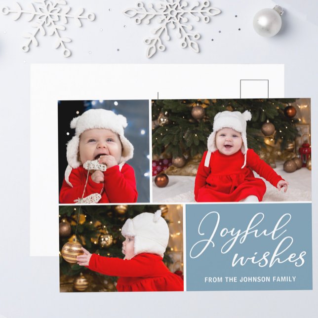 Joyful Wishes Slate Blue 3 Family Photo Holiday Postcard (Creator Uploaded)