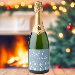 Joyful Wishes Slate Blue Christmas Trees Custom Sparkling Wine Label