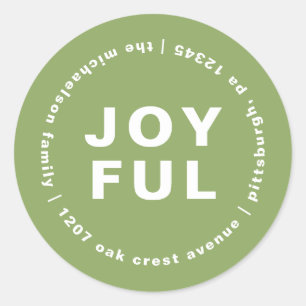 Joyful with Return Address Christmas Holiday Green Classic Round Sticker
