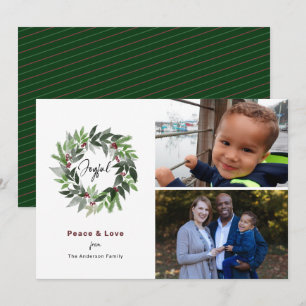 Joyful Wreath Peace & Love 2 Photo Christmas Green Holiday Card