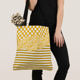 Joyful Yellow Stripes Floral Polka Dot Layered Tote Bag