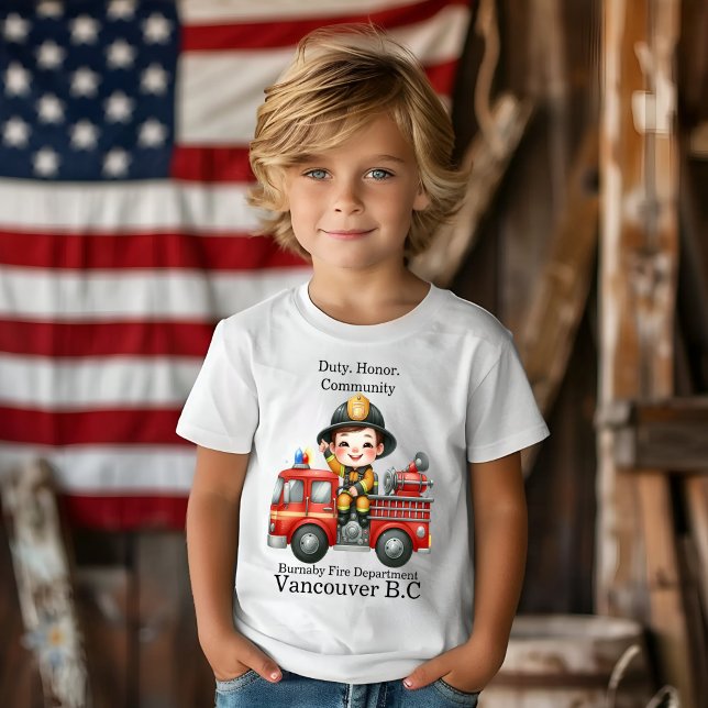 Joyful young firefighter on red truck T-Shirt (Creator Uploaded)