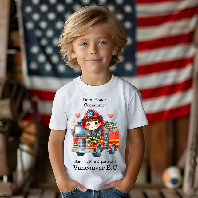 Joyful young firefighter on red truck T-Shirt (Creator Uploaded)