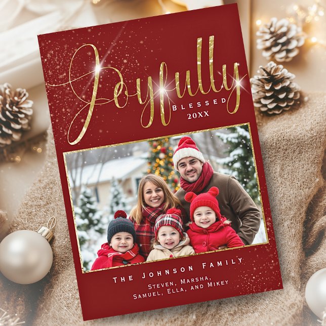 Joyfully Blessed Red Gold Sparkle Family Photo Holiday Card (Creator Uploaded)
