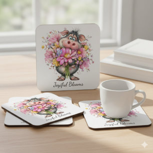 Joyiful Blooms Cute Pig Floral Coaster