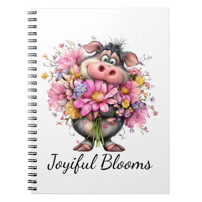 Joyiful Blooms: Cute Pig & Floral Spiral Notebook (Front)