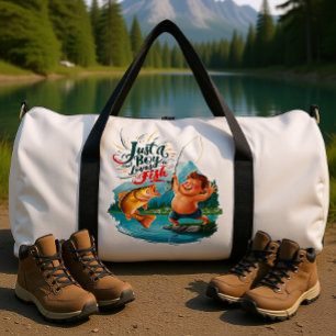 Joyous Boy Reeling in a Big Catch on Tranquil Lake Duffle Bag
