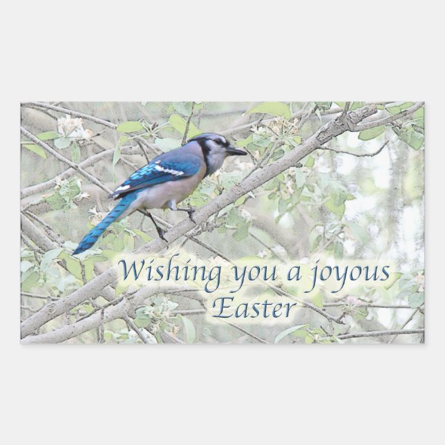 Joyous Easter Blue Jay Songbird Rectangular Sticker (Front)