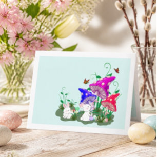Joyous Easter Card Rabbits & Colourful Mushrooms