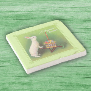 Joyous Easter White Rabbit Basket Eggs Wheelbarrow Stone Coaster