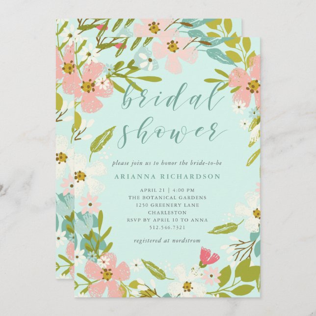 Joyous Floral on Mint Green | Bridal Shower Invitation (Front/Back)