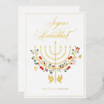 Joyous Hanukkah Festive Menorah Candle Photo<br><div class="desc">Joyous Hanukkah, send your Hanukkah wishes to your family and friends with our beautiful customisable photo card. Our design features our beautiful hand-drawn menorah candle in faux rose gold decorated with beautiful festive florals and leaves. Doves are also incorporated into this beautiful Hanukkah-inspired design. "Joyous Hanukkah" is written in a...</div>