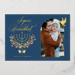 Joyous Hanukkah Festive Menorah Candle Photo Blue<br><div class="desc">Joyous Hanukkah, send your Hanukkah wishes to your family and friends with our beautiful customisable gold foil photo card. Our design features our beautiful hand-drawn menorah candle in gold foil decorated with beautiful festive flowers and leaves. Gold foil doves are also incorporated into this beautiful Hanukkah-inspired design. "Joyous Hanukkah" is...</div>