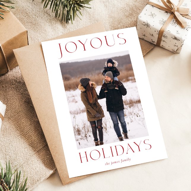 Joyous Holidays Red Elegant Christmas Family Photo Postcard (Creator Uploaded)