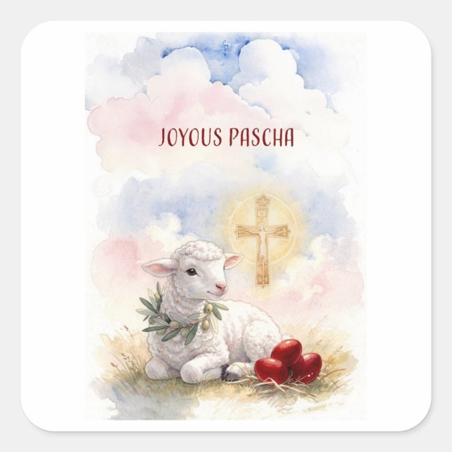 Joyous Pascha Lamb, Red Eggs and Cross Square Sticker (Front)