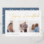 Joyous Sketch | Hanukkah Photo Collage<br><div class="desc">Send Hanukkah greetings to friends and family in chic style with our elegant photo cards. Designed to accommodate three of your favourite photos arranged side by side in a collage format, card features "joyous Hanukkah" in gold foil casual hand sketched script lettering adorned with hand drawn stars at the corners....</div>