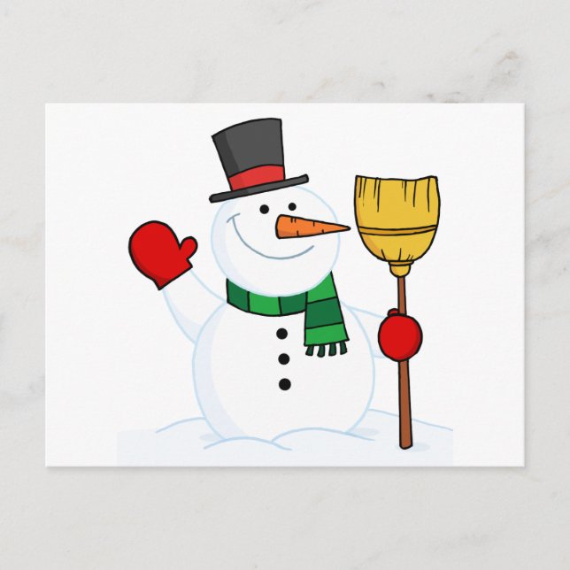 Joyous Snowman Holding A Broom And Waving Postcard (Front)