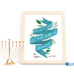 Joyous Tidings | Personalised Hanukkah Art Print<br><div class="desc">Beautifully illustrated print features "may love and light fill your heart at Hanukkah" in hand lettered typography on a blue watercolor ribbon accented with green leaves and white berries. Personalise with your family name and year established for a unique custom addition to your holiday decor.</div>