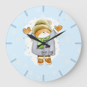 Joyous Winter Cat Large Clock