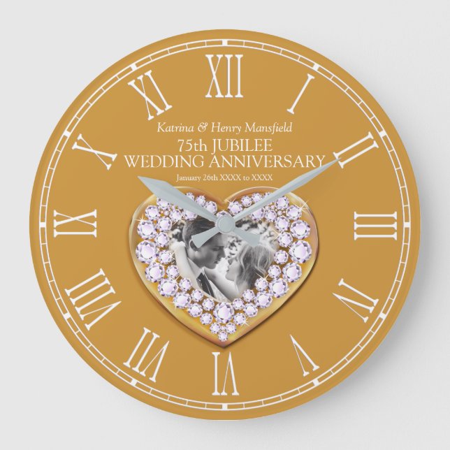 Jubilee photo heart 75th wedding anniversary large clock (Front)
