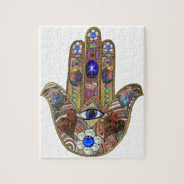 Judaica Hamsa Hearts Flowers Opal Art Print Jigsaw Puzzle (Vertical)