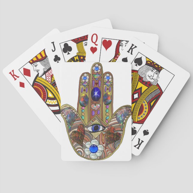 Judaica Hamsa Hearts Flowers Opal Art Print Playing Cards (Back)