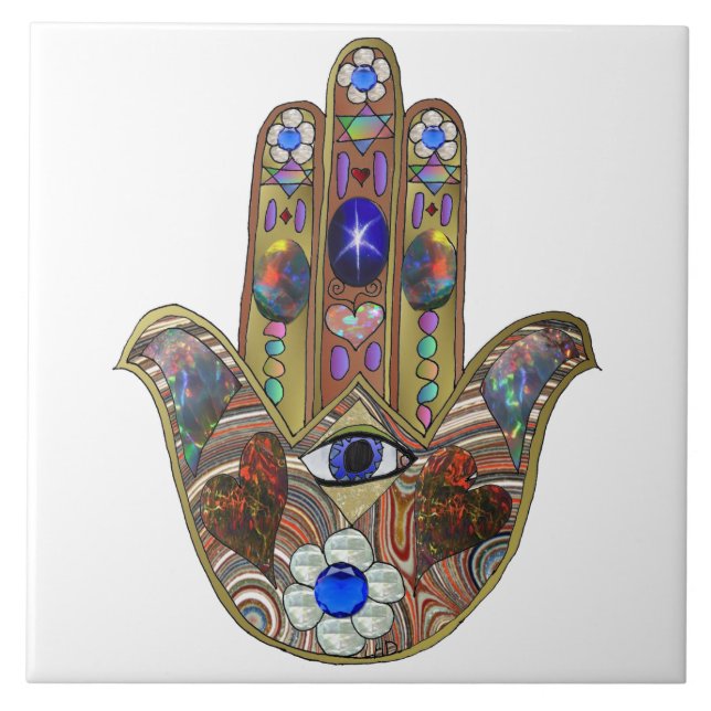 Judaica Hamsa Hearts Flowers Opal Art Print Tile (Front)