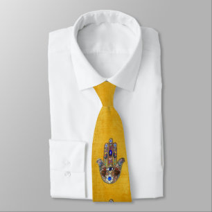 Judaica Hamsa Hearts Flowers Opal Print on Gold Tie