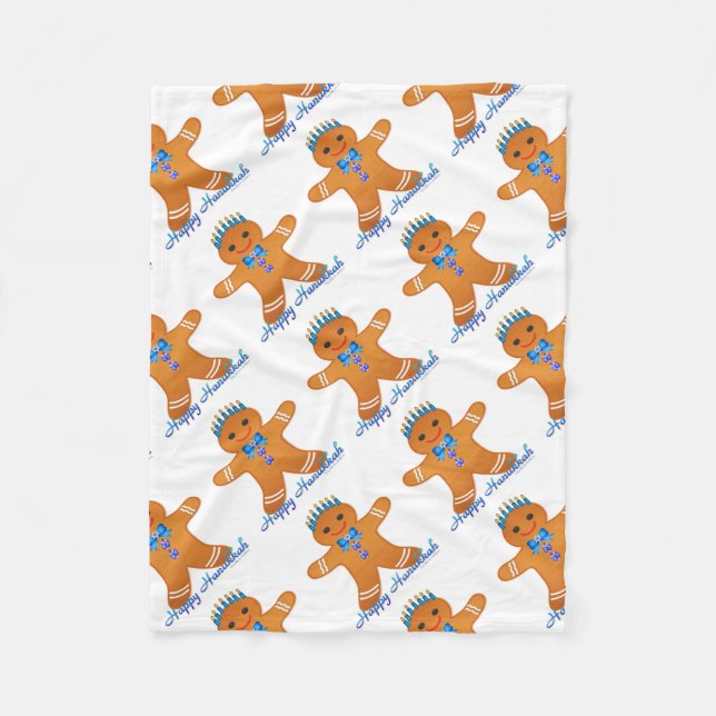 Judaica Hanukkah Gingerbread Man Menorah Fleece Blanket (Front)