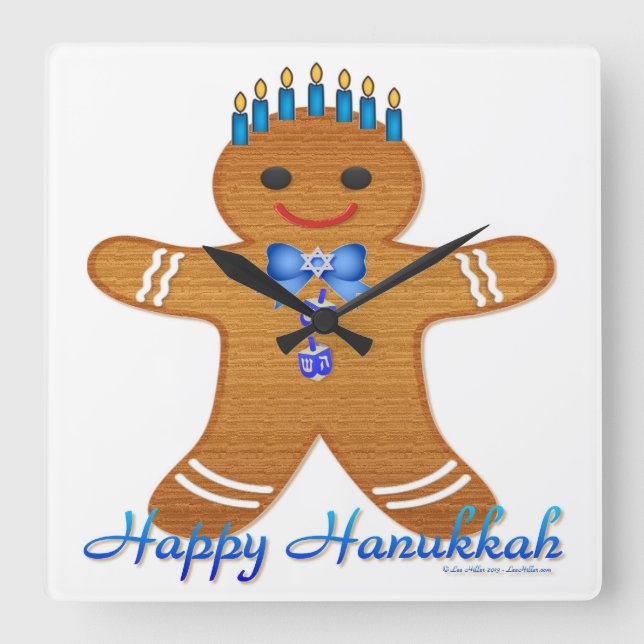 Judaica Hanukkah Gingerbread Man Menorah Square Wall Clock (Front)