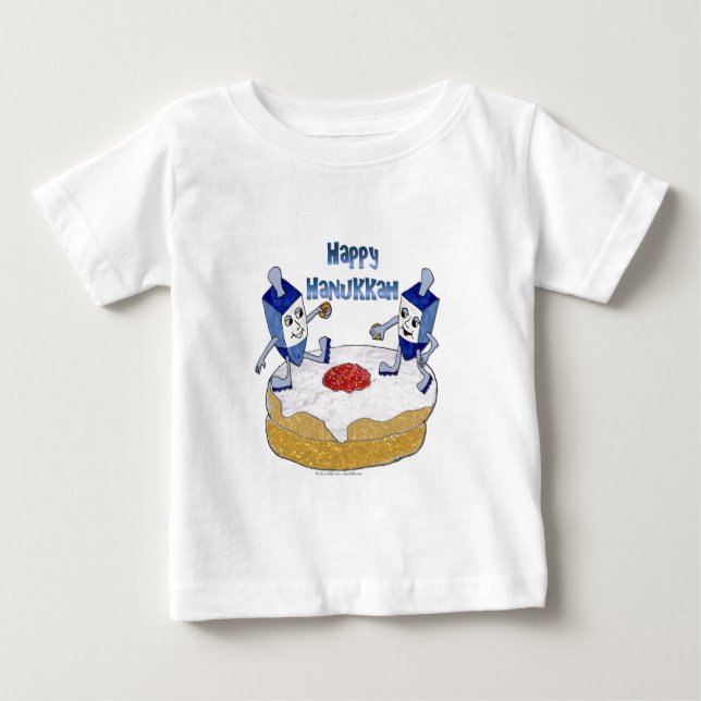 Judaica Happy Hanukkah Dancing Dreidels Doughnut Baby T-Shirt (Front)