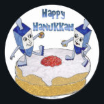 Judaica Happy Hanukkah Dancing Dreidels Doughnut Classic Round Sticker<br><div class="desc">You are viewing The Lee Hiller Designs Collection of Home and Office Decor,  Apparel,  Gifts and Collectibles. The Designs include Lee Hiller Photography and Mixed Media Digital Art Collection. You can view her Nature photography at http://HikeOurPlanet.com/ and follow her hiking blog within Hot Springs National Park.</div>