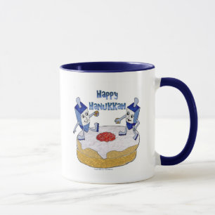 Judaica Happy Hanukkah Dancing Dreidels Doughnut Mug