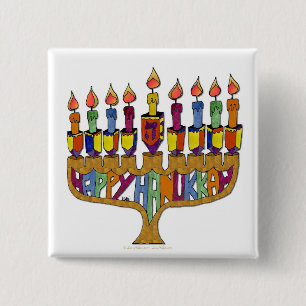 Judaica Happy Hanukkah Dreidel Menorah 15 Cm Square Badge