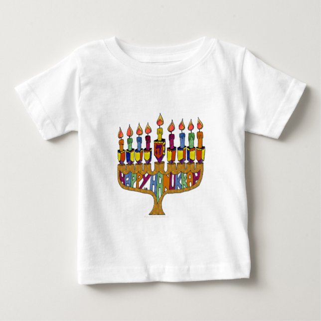 Judaica Happy Hanukkah Dreidel Menorah Baby T-Shirt (Front)