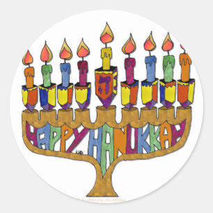 Judaica Happy Hanukkah Dreidel Menorah Classic Round Sticker