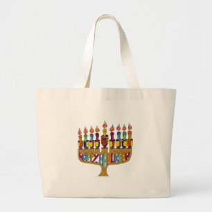 Judaica Happy Hanukkah Dreidel Menorah Large Tote Bag