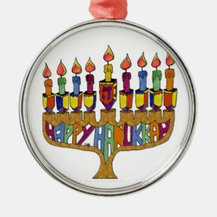 Judaica Happy Hanukkah Dreidel Menorah Metal Tree Decoration